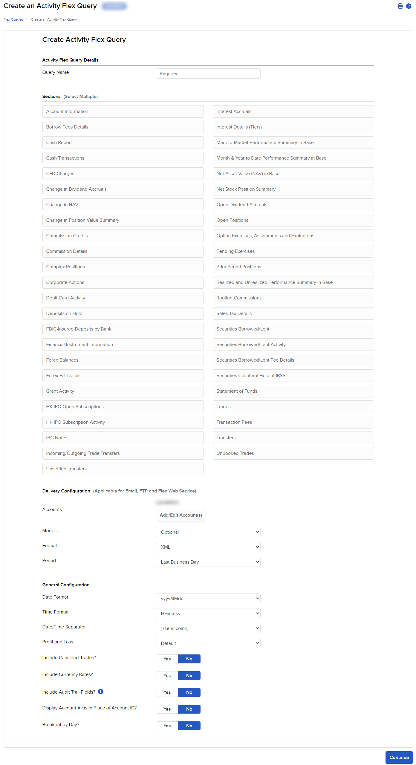 Image of the create an activity flex query panel in portal. 